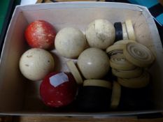 A GROUP OF SIX ANTIQUE IVIORY SNOOKER BALLS, VARIOUS DRAUGHTS PIECES, AN EARLY TRIBAL AFRICAN IVORY