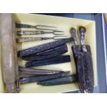 AN INTERESTING COLLECTION OF 17th/18th.C.CUTLERY TO INCLUDE SHAGREEN AND LEATHER CASED TROUSSE,