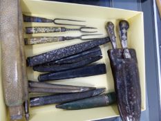 AN INTERESTING COLLECTION OF 17th/18th.C.CUTLERY TO INCLUDE SHAGREEN AND LEATHER CASED TROUSSE,