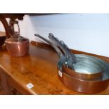 A NEAR SET OF GRADUATED COPPER SAUCEPANS AND A VICTORIAN COPPER KETTLE.