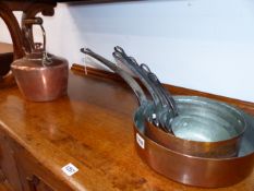 A NEAR SET OF GRADUATED COPPER SAUCEPANS AND A VICTORIAN COPPER KETTLE.