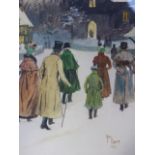 HAL CRAFT. EARLY 20th.C.ENGLISH SCHOOL. CHRISTMAS EVE, A SIGNED WATERCOLOUR. 34 x 24cms. TOGETHER
