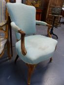 A PAIR OF UPHOLSTERED FRENCH SALON ARMCHAIRS.