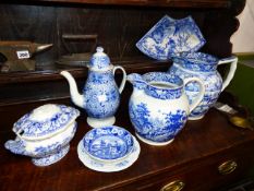 SEVEN PIECES OF ANTIQUE BLUE AND WHITE TRANSFER PRINTED POTTERY, TWO LARGE JUGS, A COVERED COFFEE