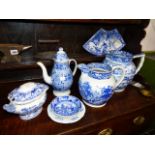 SEVEN PIECES OF ANTIQUE BLUE AND WHITE TRANSFER PRINTED POTTERY, TWO LARGE JUGS, A COVERED COFFEE