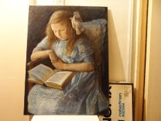 20th.C. CONTINENTAL SCHOOL. A GOOD BOOK, SIGNED INDISTINCTLY, PASTEL. 77 x 57cms.