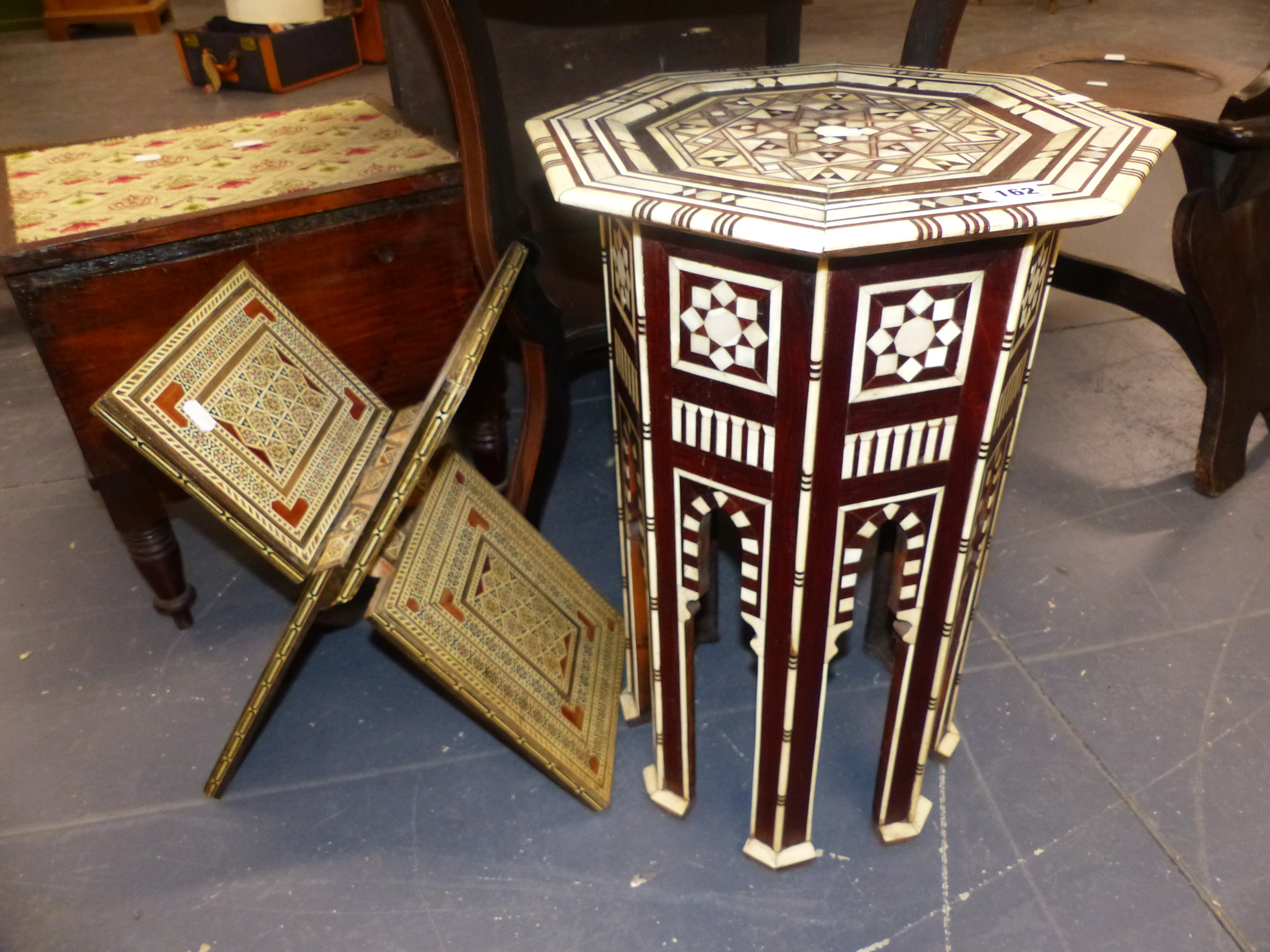 A SYRIAN INLAID KORAN STAND TOGETHER WITH A BONE AND MOTHER OF PEARL INLAID OCTAGONAL TABLE OF - Image 4 of 6