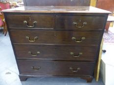A LATE GEORGIAN MAHOGANY CHEST OF TWO SHORT AND THREE LONG GRADUATED DRAWERS. W.96 x H.90cms.