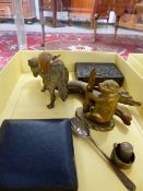 AN ANTIQUE GILT BRASS BEAR AND RAGGED STAFF TABLE VESTA, A SIMILAR RAM FORM PIN CUSHION, AN