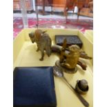 AN ANTIQUE GILT BRASS BEAR AND RAGGED STAFF TABLE VESTA, A SIMILAR RAM FORM PIN CUSHION, AN