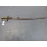 A SPANISH SWORD WITH BRASS HILT AND CURVED BLADE WITHIN STEEL SCABBARD