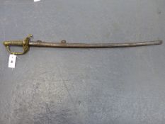 A SPANISH SWORD WITH BRASS HILT AND CURVED BLADE WITHIN STEEL SCABBARD