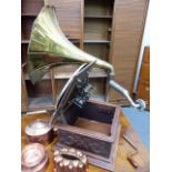 AN INTERESTING EARLY TABLE GRAMOPHONE WITH BRASS HORN AND SWISS MOVEMENT, THE PICK-UP ARM WITH