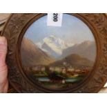 MID 19th.C.SWISS/AUSTRIAN SCHOOL. A VILLAGE IN THE ALPS, OIL ON CARVED CIRCULAR PANEL SIGNED