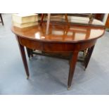 A LATE GEORGIAN MAHOGANY DEMI LUNE SIDE TABLE. W.122cms.