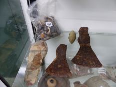 A COLLECTION OF ANCIENT KNAPPED FLINT AND OTHER TOOLS AND TWO EARLY IRON AXE HEADS.