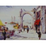 20th.C.CONTINENTAL SCHOOL A VILLAGE HARBOUR SIGNED INDISTINCTLY, OIL ON CANVAS, 60 x 102cms.