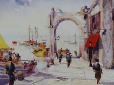 20th.C.CONTINENTAL SCHOOL A VILLAGE HARBOUR SIGNED INDISTINCTLY, OIL ON CANVAS, 60 x 102cms.