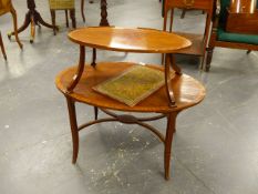 AN EDWARDIAN MAHOGANY AND INLAID TWO TIER ETARGE. W.89cms.