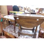 AN OAK DROP LEAF OCCASIONAL TABLE, AN OAK COAL BOX, STOOL AND A WARMING PAN.