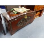 A GOOD QUALITY CARVED HARDWOOD BLANKET CHEST.