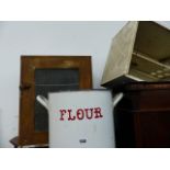 AN ENAMEL FLOUR BIN AND TWO MEAT SAFES.