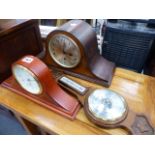 TWO MANTLE CLOCKS AND A BAROMETER.