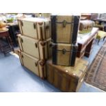 A SET OF THREE ANTIQUE STYLE TRAVEL TRUNKS AND THREE OTHER SIMILAR.