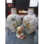 A PAIR OF VICTORIAN GLASS VASES AND A GOBEL FIGURINE.
