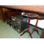 TWO WINE TABLES AND A SMALL OAK COFFEE TABLE.