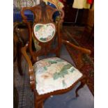 A PAIR OF EDWARDIAN INLAID MAHOGANY ARMCHAIRS.