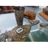 AN EASTERN COPPER GHAU BOX, A SILVER BACKED BRUSH, ORIENTAL BEAKER ETC.