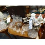 A QTY OF CUT GLASS, AYNSLEY CHINA, PLATEDWARE,ETC.