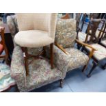 A VICTORIAN ARMCHAIR, AN ART DECO CHAIR AND ONE OTHER.