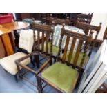 A SET OF FOUR OAK DINING CHAIRS,A VICTORIAN NURSING CHAIR AND A TEAK DROP LEAF TABLE.