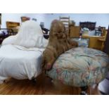 A PAIR OF LATE VICTORIAN LOW CHAIRS.