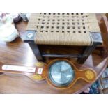 AN INLAID BAROMETER, A STOOL AND A BOOK RACK.