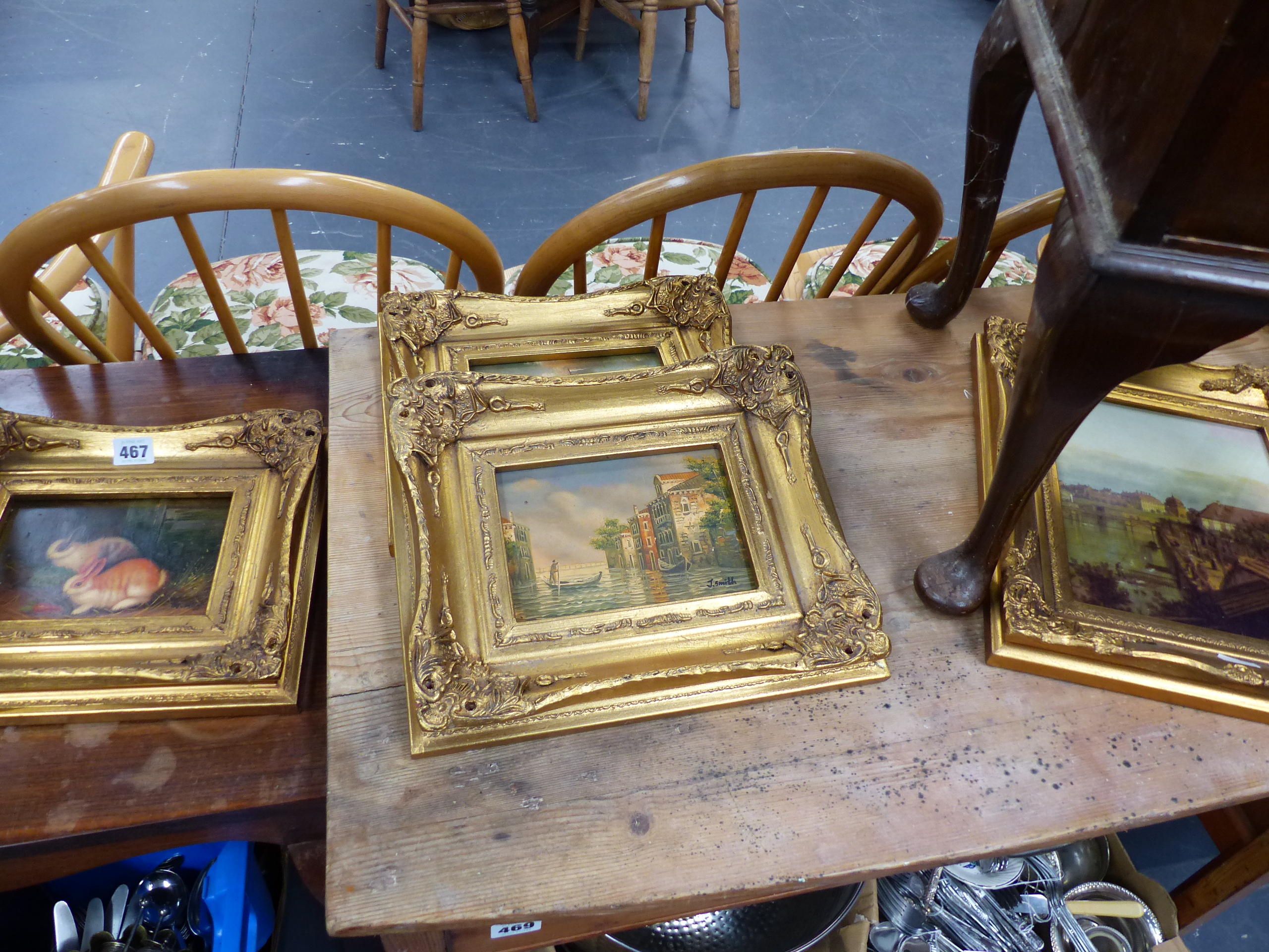 FOUR GILT FRAMED DECORATIVE PICTURES.