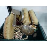 A SILVER BACKED DRESSING TABLE SET AND VARIOUS COSTUME JEWELLERY.