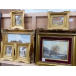 SEVEN CONTINENTAL OIL PAINTNGS IN GILT FRAMES.