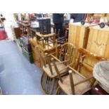 FOUR KITCHEN CHAIRS, FOUR STOOLS AND A SWING MIRROR.