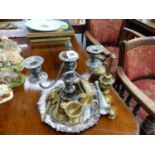 A PLATED CANDELABRA AND OTHER METALWARES.