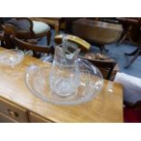 A CUT GLASS WASH JUG AND BOWL,ETC.