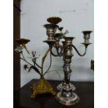 A PAIR OF CANDELABRA AND A GILDED CANDLESTICK.