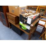 A TELEPHONE TABLE AND A COAL BOX TOGETHER WITH TWO BOOKCASES, A MIRROR AND A CAMP BED.