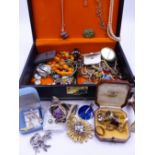 A GOOD SELECTION OF VINTAGE COSTUME JEWELLERY SPRINKLED WITH A SMALL AMOUNT OF SILVER JEWELLERY.