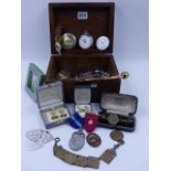 A BOX OF VARIOUS COLLECTABLES TO INCLUDE SILVER JEWELLERY, POCKET WATCHES, ETC.