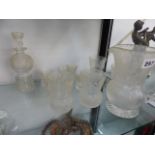 AN ANTIQUE CUT AND ETCHED GLASS PART SUITE OF GLASSWARE.