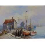 A LARGE OIL ON CANVAS CONTINENTAL HARBOUR SIGNED MICHEL.