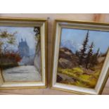 A PAIR OF OILS ON BOARD PAINTINGS MONT BLANC AND BREGENZ IN ROWLEY FRAMES.